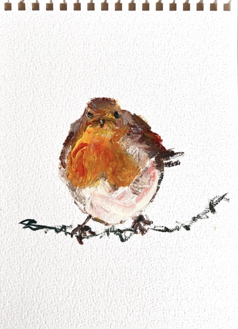 Winter Robin original painting by Marina Stognieva, oil on paper, robin bird artwork